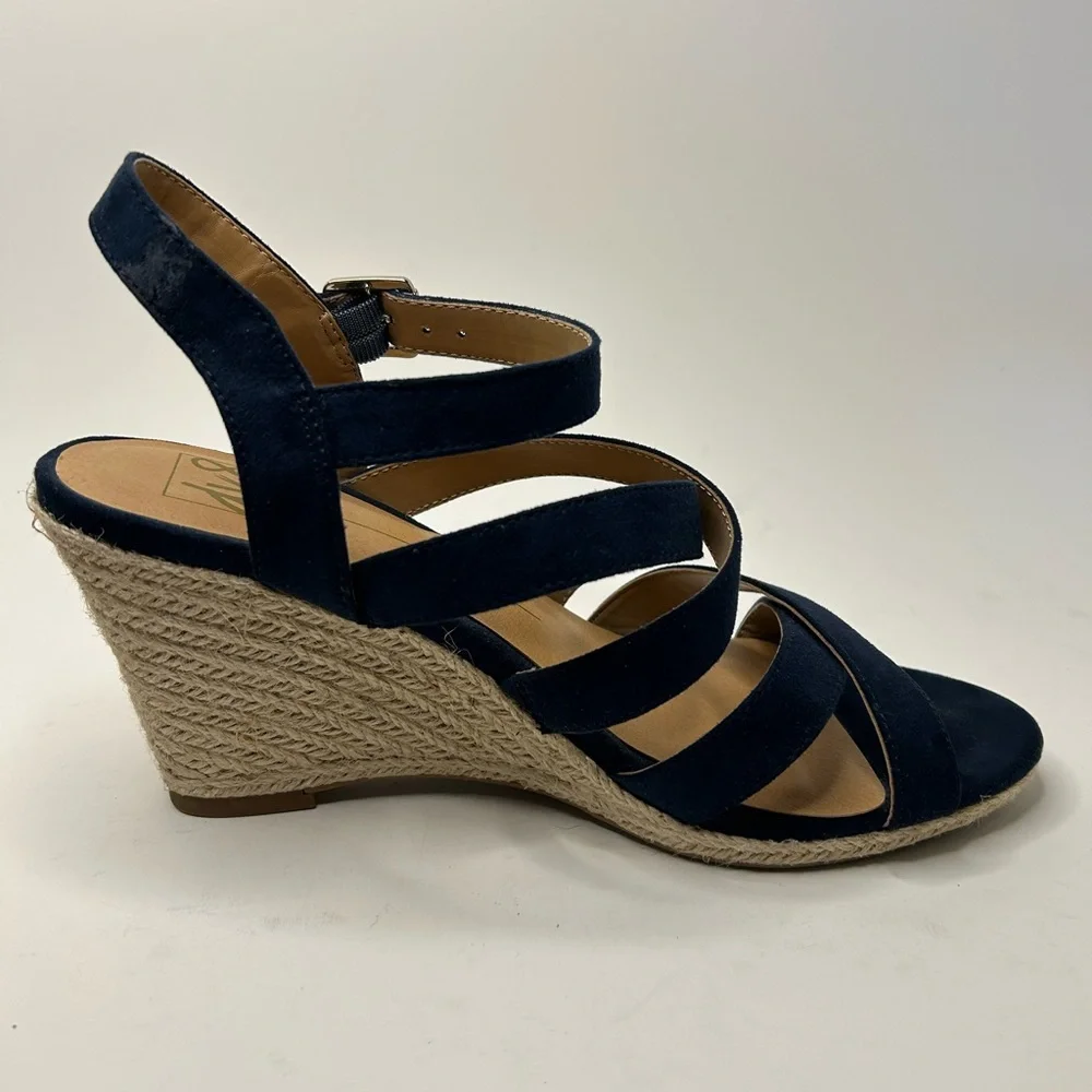 DV8 Dolce Vita Blue Suede Open Toe Strappy Espadrille Wedge Sandal Size 8.5